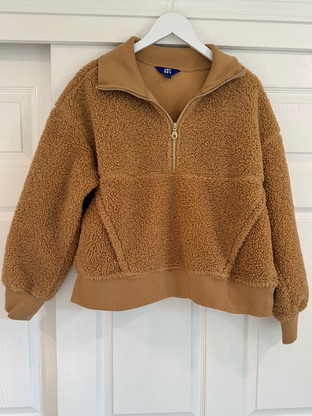 JoyLab Sherpa 1/4 Zip Teddy Camel Tan and Gold Zipper Jacket with Kangaroo Pouch - Picture 2 of 4